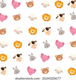 Various animal seamless pattern. Rabbit, elephant, sheep, lion and cow. Cute animal cartoon