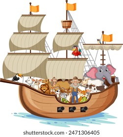 Various animals aboard a large wooden ship