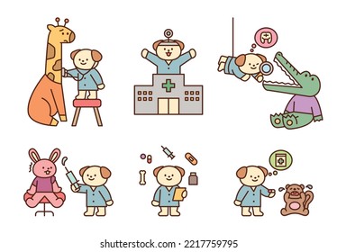 Various animals are being treated in a hospital with a dog veterinarian. flat vector illustration.