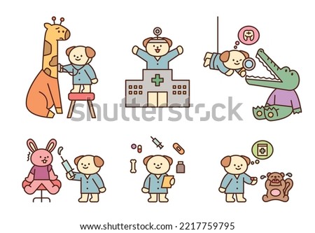 Various animals are being treated in a hospital with a dog veterinarian. flat vector illustration.
