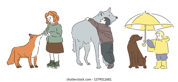 Various animals and children are sharing friendship. hand drawn style vector design illustrations. 