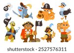 Various animals dressed as pirates, featuring a shark, octopus, cat, seagull, bear, turtle and parrot. Flat illustration. Adventure and sea voyage concept.