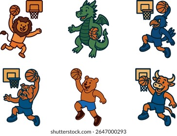 various animals dunking a basketball