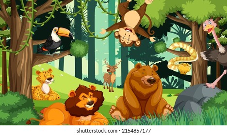 Diversos animales en la ilustración forestal