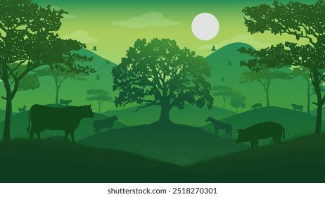 Various Animals Heading Towards the Tree of Life - Beautiful 2d Landscapes Silhouette Wallpaper