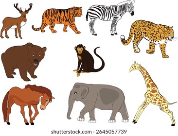 Various animals including a deer, tiger, zebra, and giraffe are illustrated in a colorful vector format.