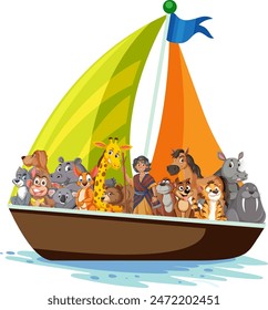 Various animals and a person on a boat