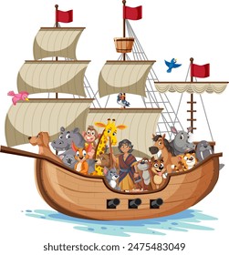 Various animals and a person on a boat