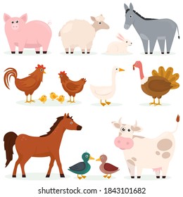 Various animals pets farm flat set of cartoon characters. Cute cartoon animals collection: sheep, cow, donkey, horse, pig, duck, goose, chicken, rooster. Vector illustration
