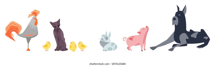 Various animals pets farm flat set of cartoon characters. Farm pets: dog, cat, chikens, pig, rabbit. Domestic aminals on white background. Vector illustration
