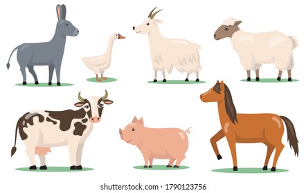 Various animals and pets on farm flat clipart set. Cartoon characters of horse, sheep, pig, goat, goose and donkey isolated vector illustration collection. Village and livestock farming concept