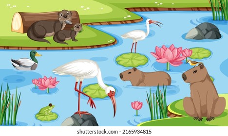 Various animals in the pond illustration