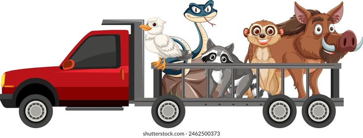 Various animals riding together in a pickup truck