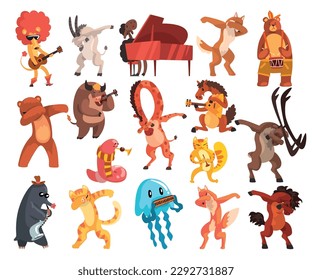 Various Animals Standing in Dub Dancing Pose and Playing Musical Instrument Big Vector Set