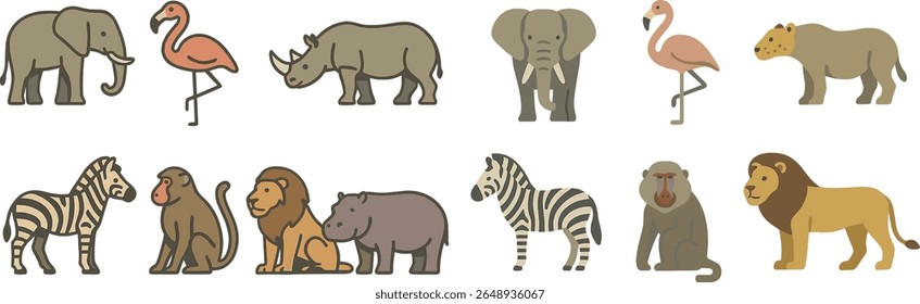 Vários animais, como elefantes, flamingos, leões e rinocerontes são ilustrados em um estilo divertido. A coleção apresenta criaturas de diversos hábitats, adicionando charme e capricho.