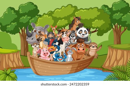 Various animals together on a boat in nature