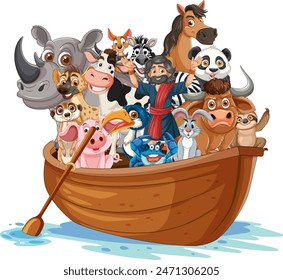 Various animals together on a wooden boat