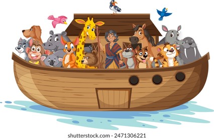 Various animals together on a wooden boat