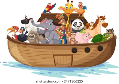 Various animals together on a wooden boat