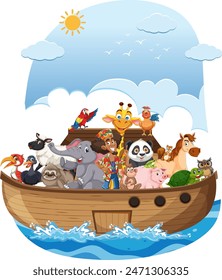Various animals together on a wooden boat