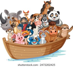 Various animals together on a wooden boat