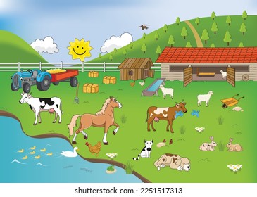 Various animals, tools, vehicles, shelters, mountains, trees and sky. A lovely farm. Vector illustration.