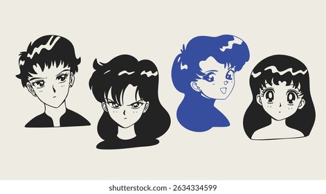 Various anime avatar set. Cute male, female characters. Asian cartoon, manga style. Different emotions, expressions. Girl, boy portrait. Hand drawn modern Vector illustration. Isolated design elements