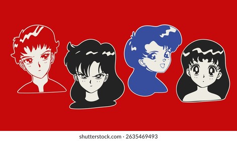 Various anime avatar set. Cute male, female characters. Asian cartoon, manga style. Different emotions, expressions. Girl, boy portrait. Hand drawn modern Vector illustration. Isolated design elements