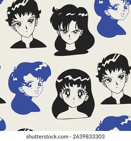 Various anime avatar set. Cute male, female characters. Asian cartoon, manga style. Different emotions, expressions. Girl, boy portrait. Hand drawn modern Vector illustration. Seamless Pattern