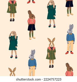 Various anthropomorphic Bunnies. Hand drawn Vector illustration. Cute cartoon creatures standing. Fashion animal characters. Different stylish clothes. New year symbol. Square seamless Pattern