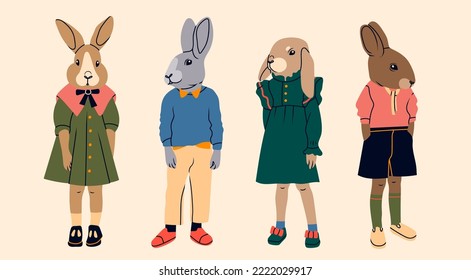 Various anthropomorphic Rabbits. Hand drawn Vector illustration. Cute cartoon creatures standing. Fashion animal characters. Different stylish clothes. Every bunny is isolated. New year symbol