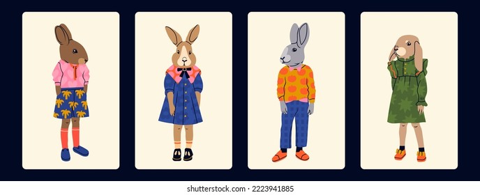 Various anthropomorphic Rabbits. Hand drawn Vector illustration. Cute cartoon creatures standing. Fashion animal characters. Different stylish clothes. Every bunny is isolated. New year symbol