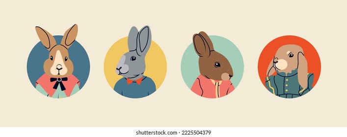 Various anthropomorphic Rabbits. Hand drawn Vector illustration. Cute cartoon creatures. Round icons. Fashion animal characters. Avatar templates. Every bunny is isolated. New year symbol