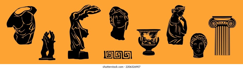 Various Antique famous statues. Heads of woman and man, hands, amphoras. Mythical, ancient greek style. Hand drawn Vector art illustration. Classic statues in modern style. All elements are isolated.