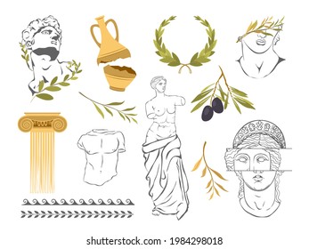 Various Antique statues. Aphrodite Venus Portrait. Antique greek sculpture set. Various Antique statues, branch, amphora, column.
