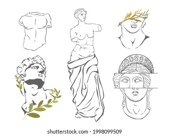 Various Antique statues. Aphrodite Venus Portrait. Antique greek sculpture set. Antique statues, branch, amphora, column. Vector illustration EPS10