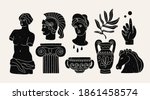 Various Antique statues, branch, amphora, column. Mythical, ancient greek or roman style. Hand drawn Vector illustrations. Stamp texture. Classic statues in modern style. All elements are isolated