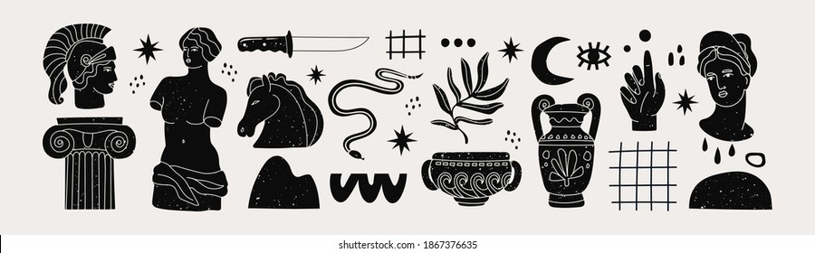 Various Antique statues  branch  amphora  column  Different objects  Mythical  ancient greek roman style  Hand drawn Vector illustration  Classic statues in modern style  All elements are isolated