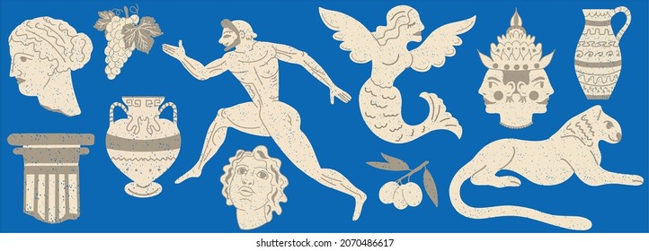Various Antique statues, branch, amphora, column. Mythical, ancient greek or roman style. Hand drawn Vector illustrations. Stamp texture. Classic statues in modern style. All elements are isolated.