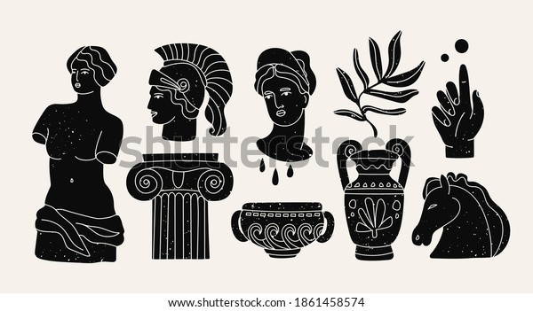 Various Antique statues, branch, amphora,\
column. Mythical, ancient greek or roman style. Hand drawn Vector\
illustrations. Stamp texture. Classic statues in modern style. All\
elements are isolated