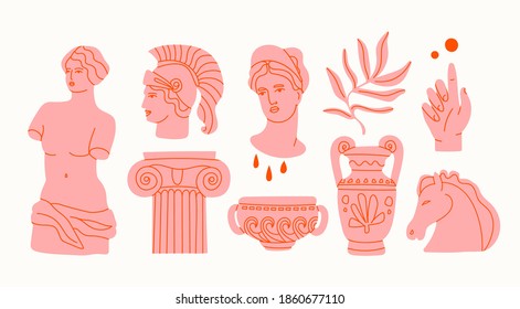 Various Antique statues. Heads of woman, knight, horse. Branch, amphora, hand. Mythical, ancient style. Hand drawn Vector illustration. Classic statues in modern style. All elements are isolated