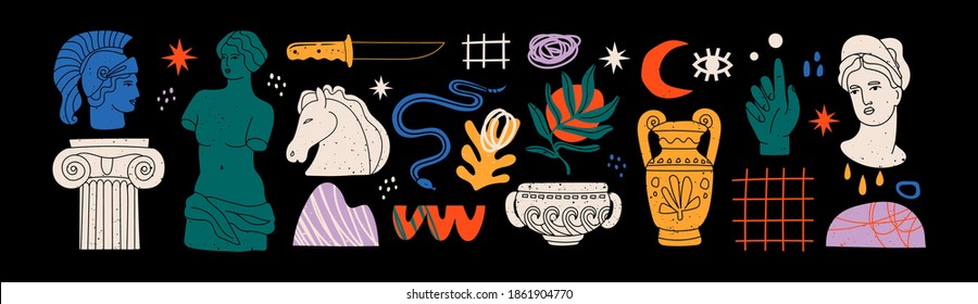 Various Antique statues. Heads of woman, knight, horse. Branch, amphora, hand. Mythical, ancient greek style. Hand drawn Vector illustration. Classic statues in modern style. All elements are isolated - Shutterstock ID 1861904770
