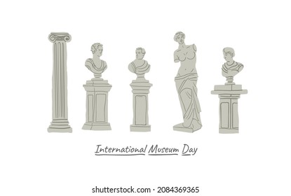 Various Antique statues. Heads of woman, knights. Mythical, ancient greek style. Hand drawn Vector illustration. Classic statues in modern style. All elements are isolated, museum day banner