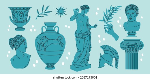 Various Antique statues. Heads of woman. Branch, amphora, hand. Mythical, ancient greek style. Isolated elements. Vector illustration