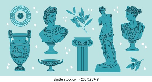 Various Antique statues. Heads of woman. Branch, amphora, hand. Mythical, ancient greek style. Isolated elements. Vector illustration