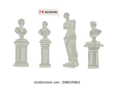 Various Antique statues. Heads of woman, philosophers. Mythical, ancient greek style. Hand drawn Vector illustration. Classic statues in modern style. All elements are isolated, museum day banner