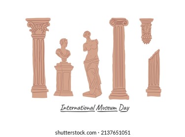 Various Antique statues. Heads of woman, knights. Mythical, ancient greek style. Hand drawn Vector illustration. Classic statues in modern style. All elements are isolated, museum day banner