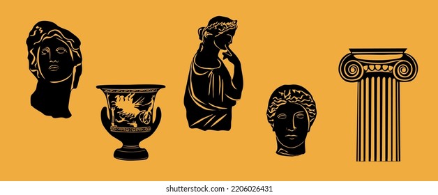 Various Antique statues. Heads of woman and man, amphoras. Mythical, ancient greek style. Hand drawn Vector art illustration. Classic statues in modern style. All elements are isolated.