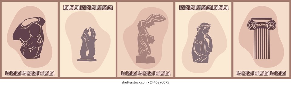 Varias estatuas antiguas. Cabezas de mujer, torso masculino, Nika, manos, ánfora. Mítico, estilo antiguo. Estatuas clásicas de estilo moderno. Ilustraciones vectoriales dibujadas a mano para tarjetas, impresión. No se genera IA