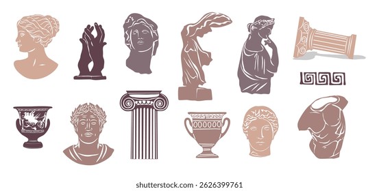 Várias estátuas antigas. Cabeças de mulher, torso masculino, Nika, mãos, ânfora. Mítico, estilo grego antigo. Estátuas clássicas em estilo moderno. Ilustrações de vetor desenhadas à mão isoladas sobre fundo branco.
